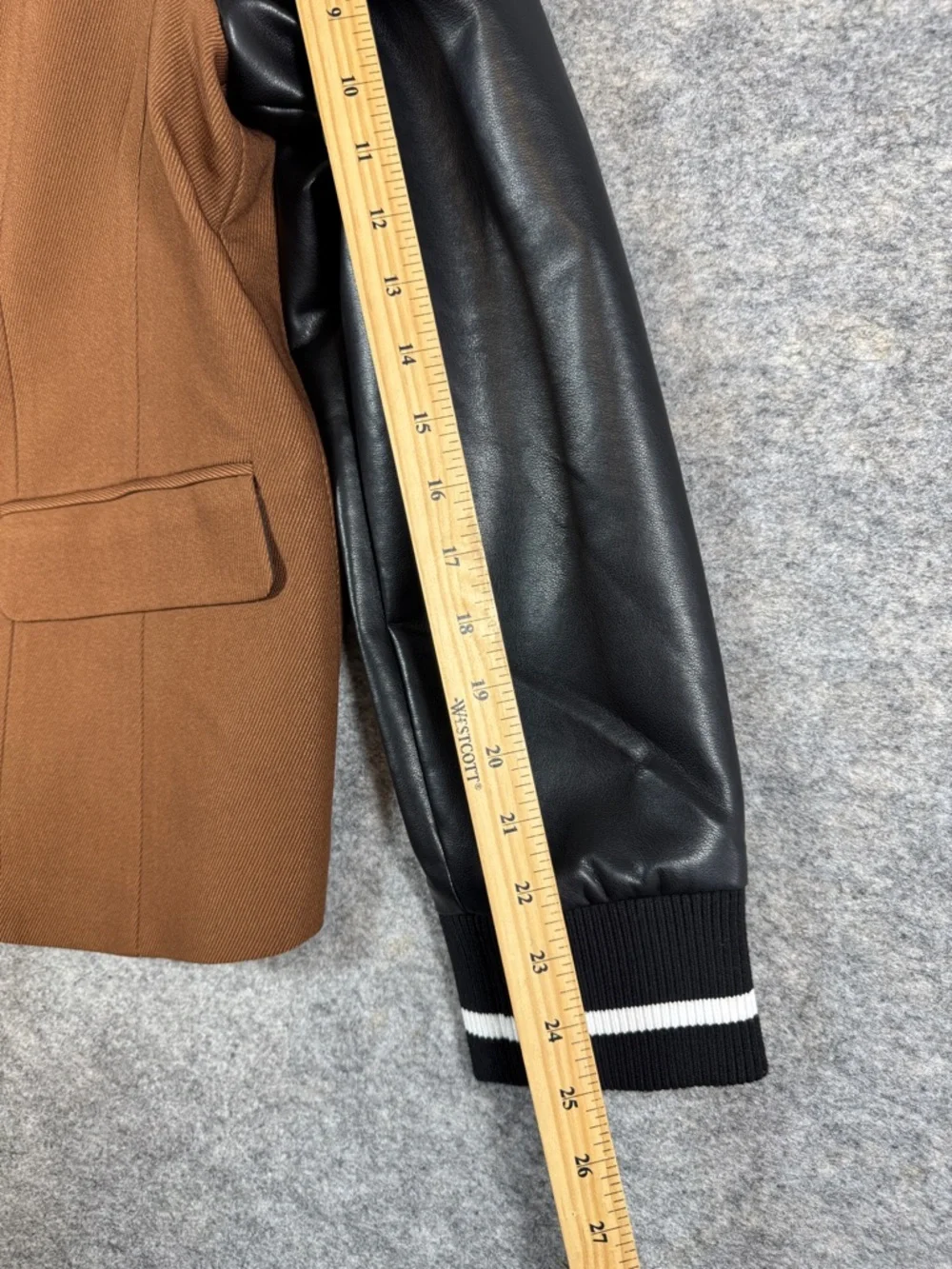 FDJ Brown Wool Blend Varsity Jacket Black Faux Leather Sleeves Preppy Chic XL - Picture 11 of 16